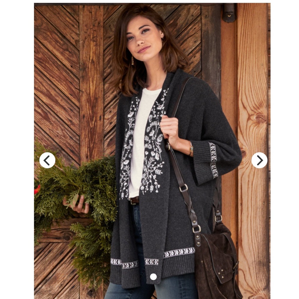 Garnet Hill‎ Womens Merino Wool Cotton Embroidered Open Front Cardigan Gray M